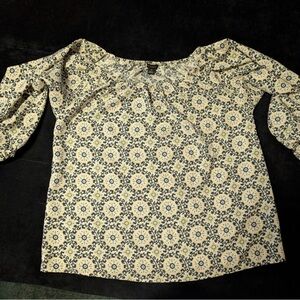 Ann Taylor Factory Cream Blouse with Navy Medallion Print